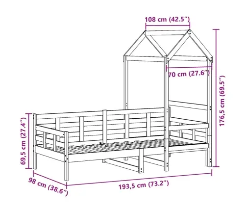 Katusega Päevavoodi, 90 X 190 cm Männipuit