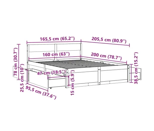 Gulta Bez Matrača, Vaska Brūnas, 160X200 Cm, Priedes Masīvkoks Vidaxl