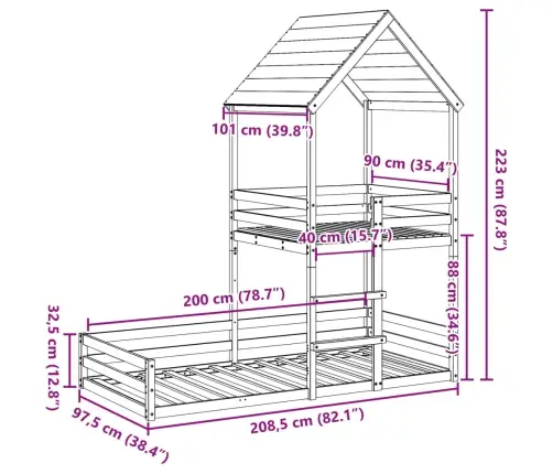 Divstāvu Gulta Ar Jumtu, Vaska Brūna, 90X200 Cm, Priedes Koks Vidaxl