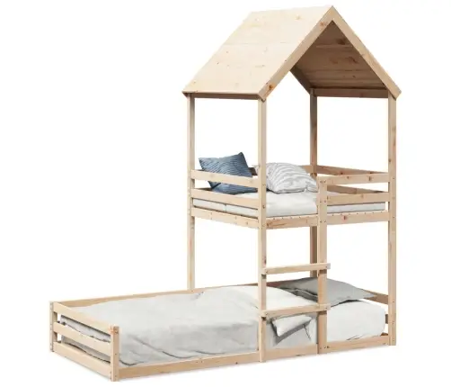 Dviaukštė Lova Su Stogeliu, Balta, 80X200cm Pušies Masyvas