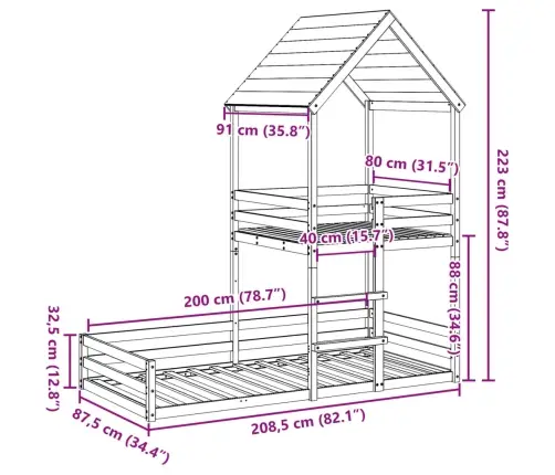 Dviaukštė Lova Su Stogeliu, Balta, 80X200cm Pušies Masyvas