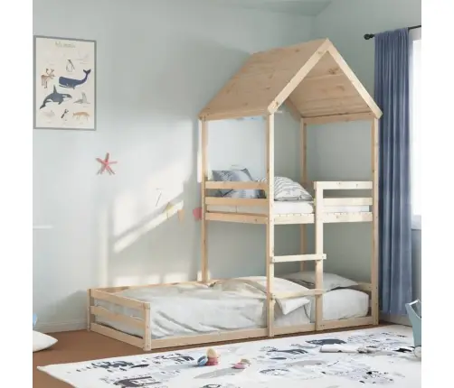 Dviaukštė Lova Su Stogeliu, Balta, 80X200cm Pušies Masyvas