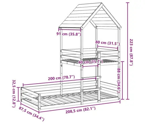 Divstāvu Gulta Ar Jumtu, Vaska Brūna, 80X200 Cm, Priedes Koks Vidaxl