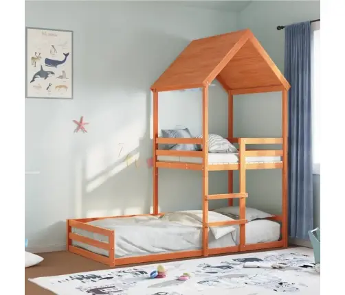 Divstāvu Gulta Ar Jumtu, Vaska Brūna, 80X200 Cm, Priedes Koks Vidaxl