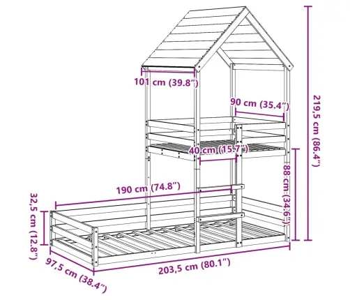 Dviaukštė Lova Be Čiužinio, 90X190cm Pušies Medienos Masyvas