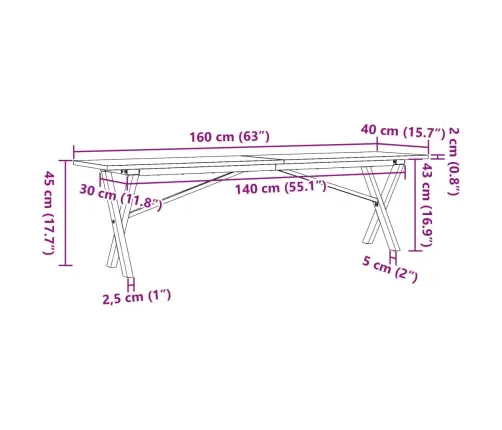 Kohvilaud, X-Raam, 160 X 40 X 45 cm Männipuit Ja Teras