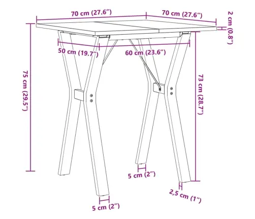 Valgomojo Stalas, 70X70X75cm Pušis Ir Plieninis, Y Formos Rėmas