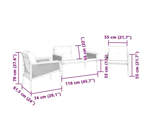 3-Daļīgs Balkona Mēbeļu Komplekts, Matrači, Melns, Tērauds Vidaxl