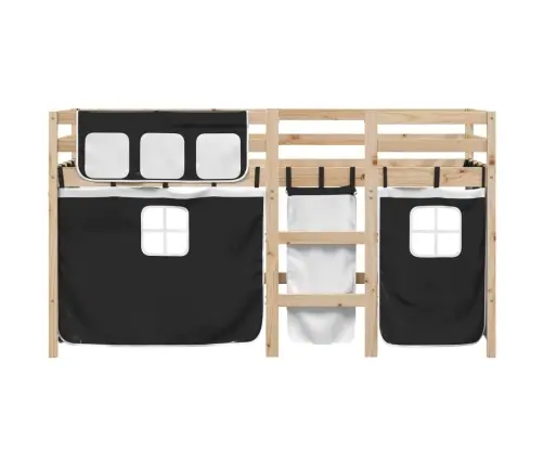 Laste Kõrge Voodi Kardinatega, Valge/Must, 80X200 cm Männipuit