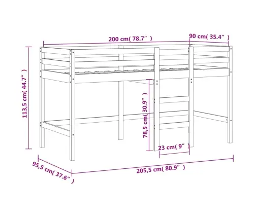Laste Kõrge Voodi Kardinatega, Sinine, 90X200 cm Männipuit