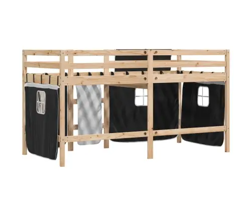 Laste Kõrge Voodi Kardinatega, Valge/Must, 90X190 cm Männipuit