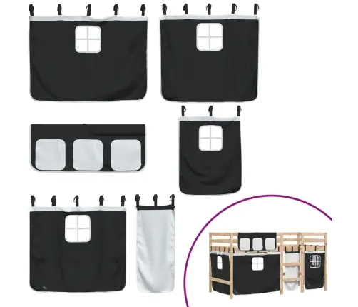 Laste Kõrge Voodi Kardinatega, Valge/Must, 90X190 cm Männipuit