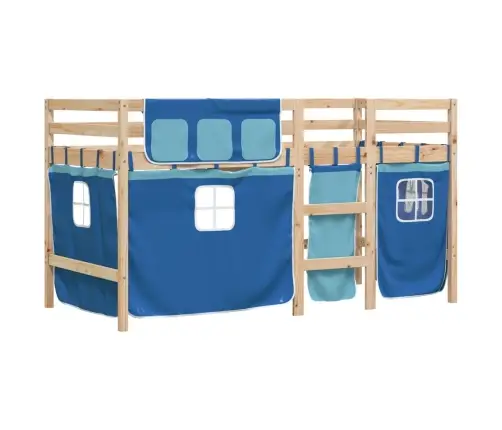 Laste Kõrge Voodi Kardinatega, Sinine, 90X190 cm Männipuit