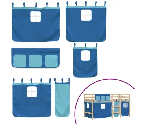 Laste Kõrge Voodi Kardinatega, Sinine, 90X190 cm Männipuit