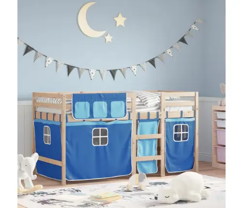 Laste Kõrge Voodi Kardinatega, Sinine, 90X190 cm Männipuit