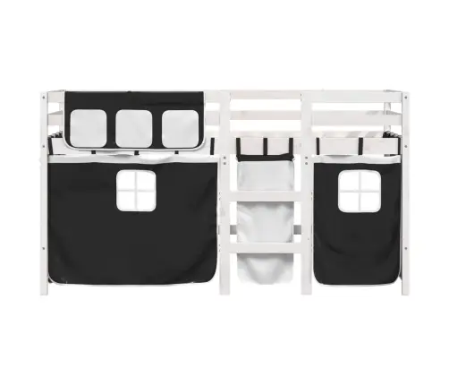 Bērnu Gulta Ar Aizkariem, Melni Ar Baltu, 90X190 Cm, Priede Vidaxl