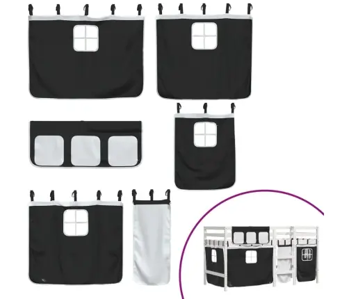 Bērnu Gulta Ar Aizkariem, Melni Ar Baltu, 90X190 Cm, Priede Vidaxl