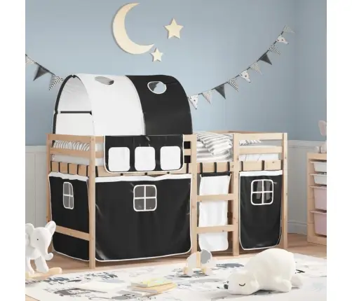 Bērnu Augstā Gulta Ar Tuneli, Melni Balta, 90X200 Cm, Priede Vidaxl
