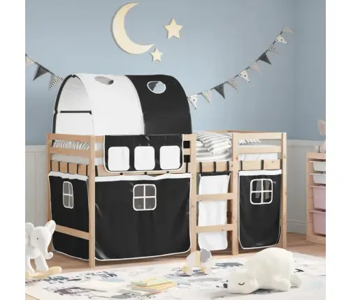 Laste Kõrge Voodi Tunneliga, Valge/Must, 90X190 cm Männipuit