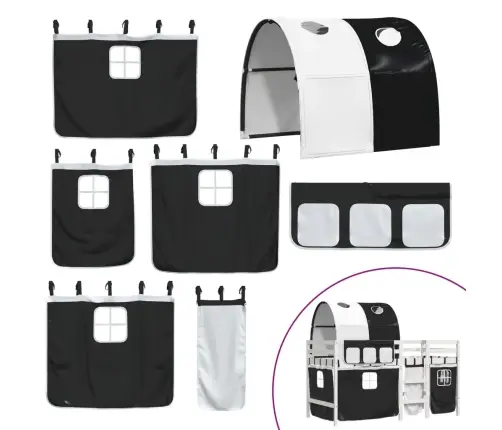 Laste Kõrge Voodi Tunneliga, Valge/Must, 90X190 cm Männipuit