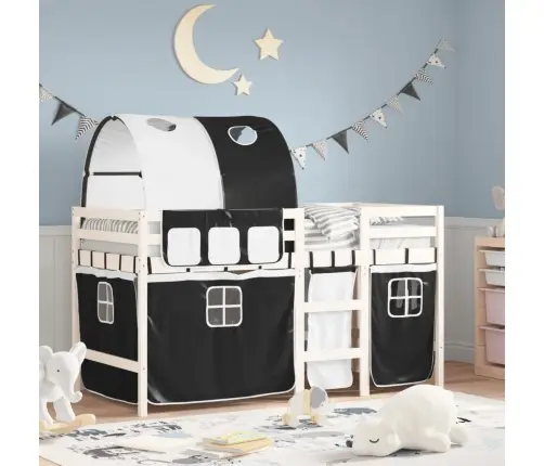 Laste Kõrge Voodi Tunneliga, Valge/Must, 90X190 cm Männipuit