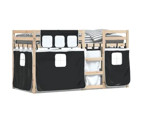 Dviaukštė Lova Su Užuolaidomis, Balta/Juoda, 90X200cm Pušis