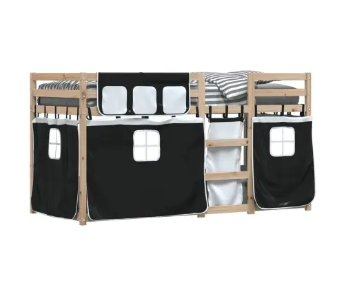 Dviaukštė Lova Su Užuolaidomis, Balta/Juoda, 90X200cm Pušis