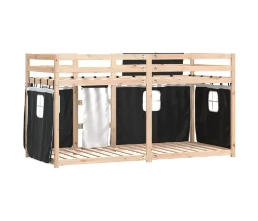 Dviaukštė Lova Su Užuolaidomis, Balta/Juoda, 90X200cm Pušis