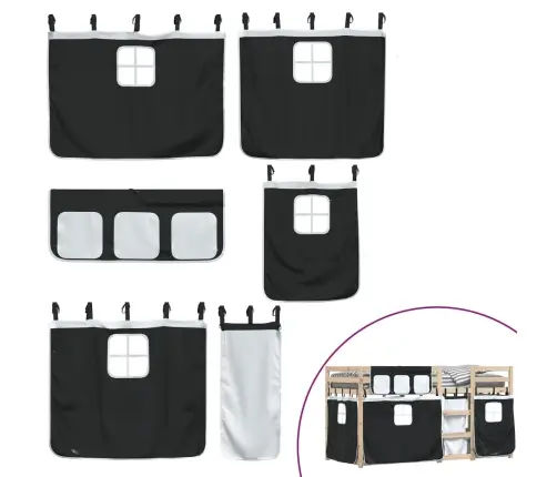 Dviaukštė Lova Su Užuolaidomis, Balta/Juoda, 90X200cm Pušis