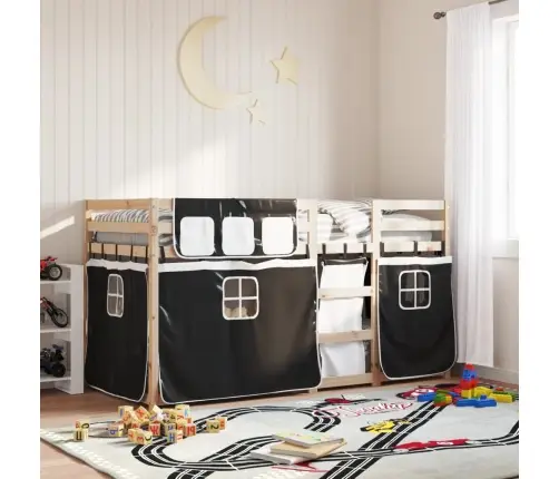 Dviaukštė Lova Su Užuolaidomis, Balta/Juoda, 90X200cm Pušis