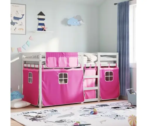 Dviaukštė Lova Su Užuolaidomis, Rožinė, 90X190cm Pušis