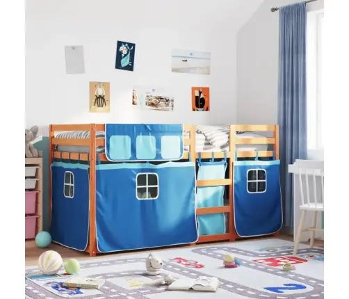 Dviaukštė Lova Su Užuolaidomis, Mėlyna, 80X200cm Pušis