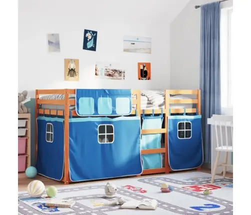 Bērnu Gulta Ar Aizkariem, Zila, 90X200 Cm, Priedes Masīvkoks Vidaxl