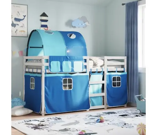 Bērnu Gulta Ar Aizkariem, Zila, 90X200 Cm, Priedes Masīvkoks Vidaxl