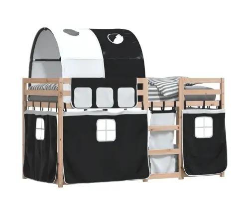 Dviaukštė Lova Su Užuolaidomis, Balta/Juoda, 90X190cm Pušis