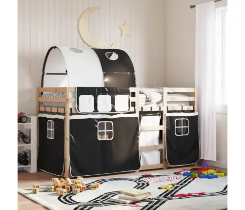 Dviaukštė Lova Su Užuolaidomis, Balta/Juoda, 90X190cm Pušis