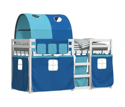 Dviaukštė Lova Su Užuolaidomis, Mėlyna, 90X190cm Pušis