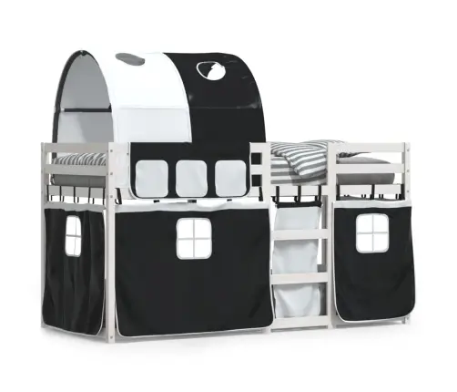 Dviaukštė Lova Su Užuolaidomis, Balta/Juoda, 75X190cm Pušis