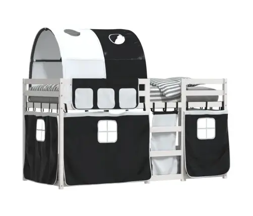 Dviaukštė Lova Su Užuolaidomis, Balta/Juoda, 75X190cm Pušis