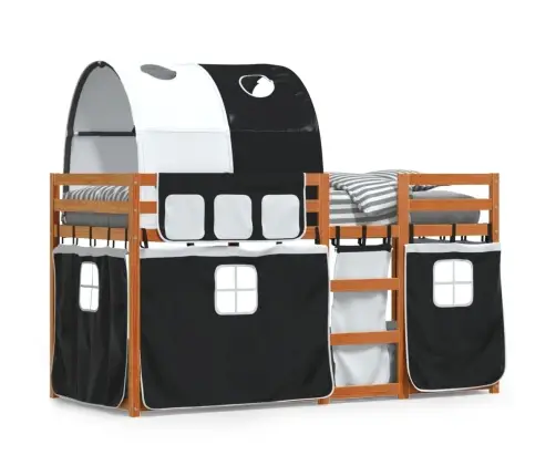 Dviaukštė Lova Su Užuolaidomis, Balta/Juoda, 80X200cm Pušis