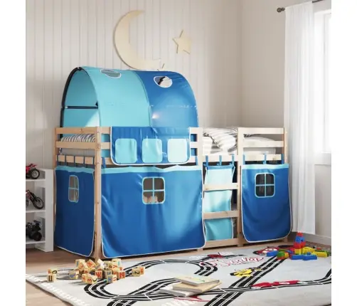 Bērnu Gulta Ar Aizkariem, Zila, 90X190 Cm, Priedes Masīvkoks Vidaxl