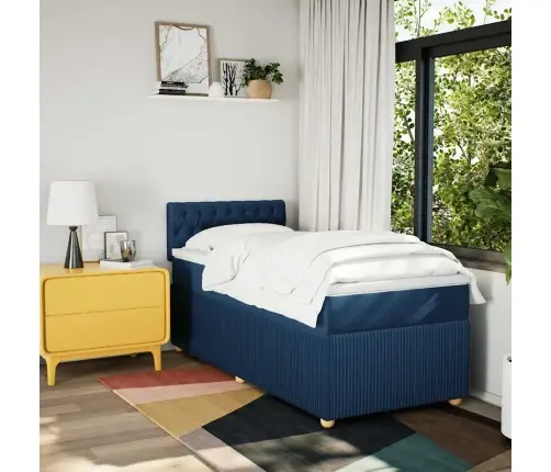 Atsperu Gultas Rāmis Ar Matraci, Zils, 90X190 Cm, Audums Vidaxl