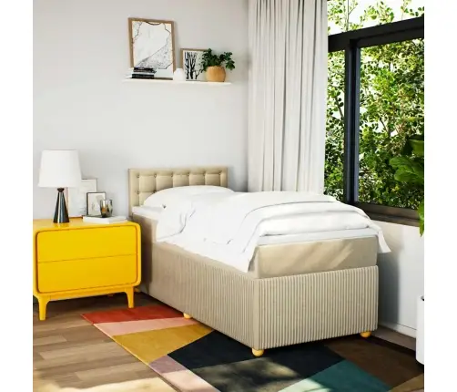 Atsperu Gultas Rāmis Ar Matraci, Krēmkrāsas, 90X200 Cm, Audums Vidaxl