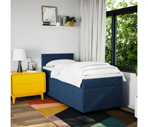 Atsperu Gultas Rāmis Ar Matraci, Zils, 90X190 Cm, Audums Vidaxl