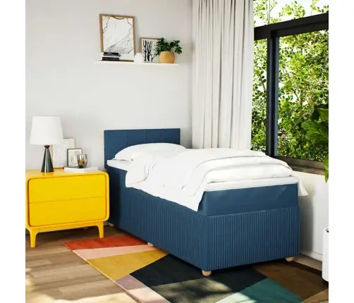Atsperu Gultas Rāmis Ar Matraci, Zils, 90X200 Cm, Audums Vidaxl