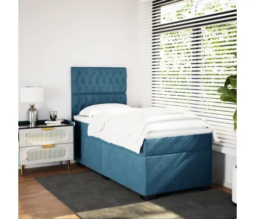 Lova Su Spyruoklėmis Ir Čiužiniu, Mėlyna, 100X200 cm Aksomas