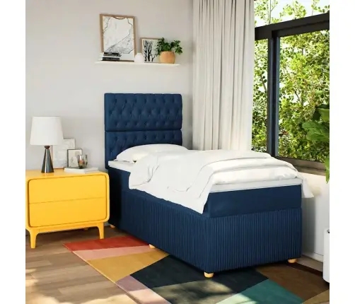 Atsperu Gultas Rāmis Ar Matraci, Zils, 80X200 Cm, Audums Vidaxl