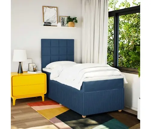 Atsperu Gultas Rāmis Ar Matraci, Zils, 90X190 Cm, Audums Vidaxl