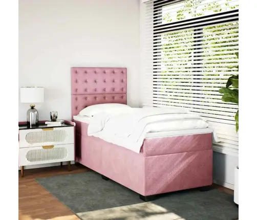 Lova Su Spyruoklėmis Ir Čiužiniu, Rožinė, 90X190 cm Aksomas