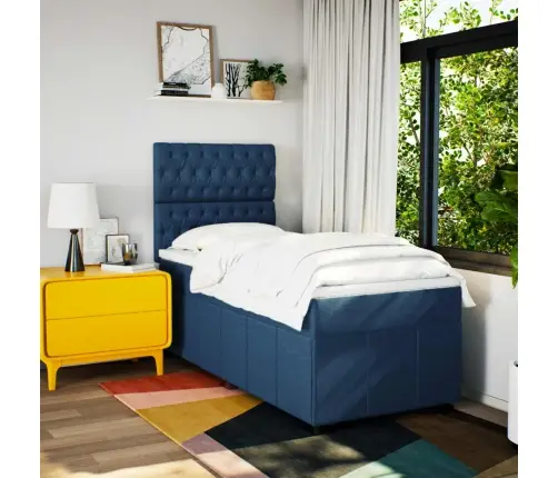 Atsperu Gultas Rāmis Ar Matraci, Zils, 100X200 Cm, Audums Vidaxl